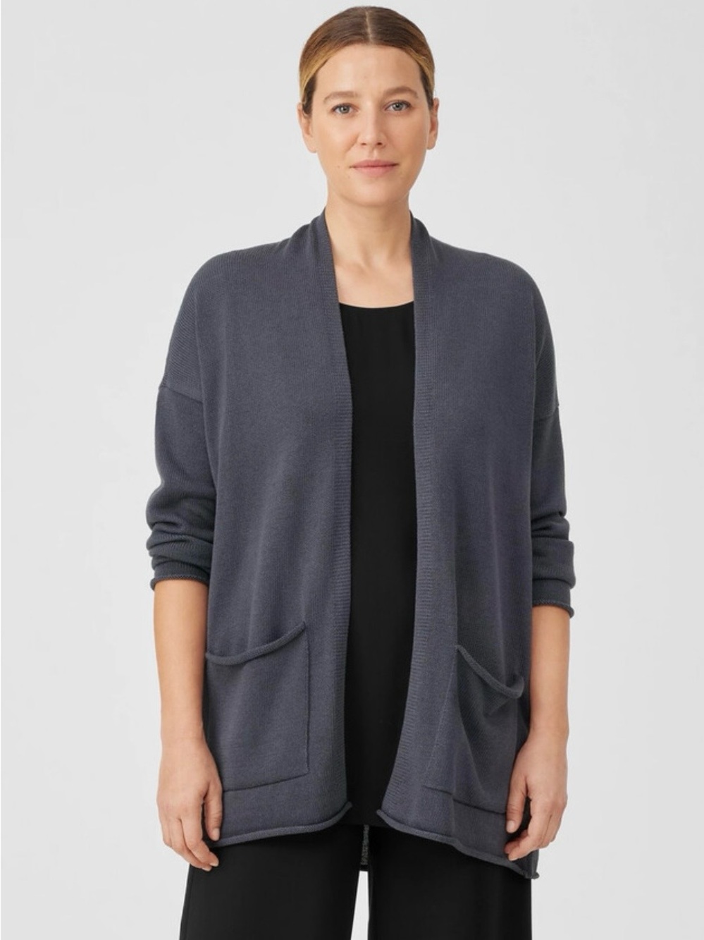 Eileen Fisher Peruvian Cotten Blend Open-Front Cardigan Sweater In Gray/Ocean